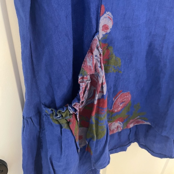 Carmella 100% Linen Tunic Made in Italy Pockets Blue Shirt Floral XXL NWT - Picture 2 of 11